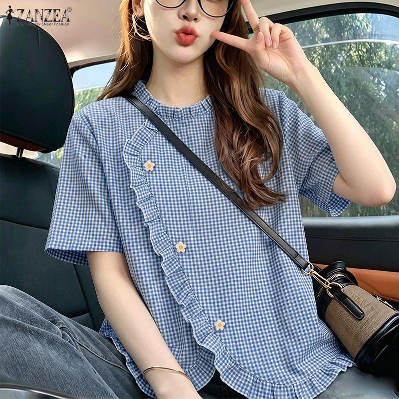 ZANZEA Women Casual Round Neck Plaid Print Loose Short Sleeve Blouse