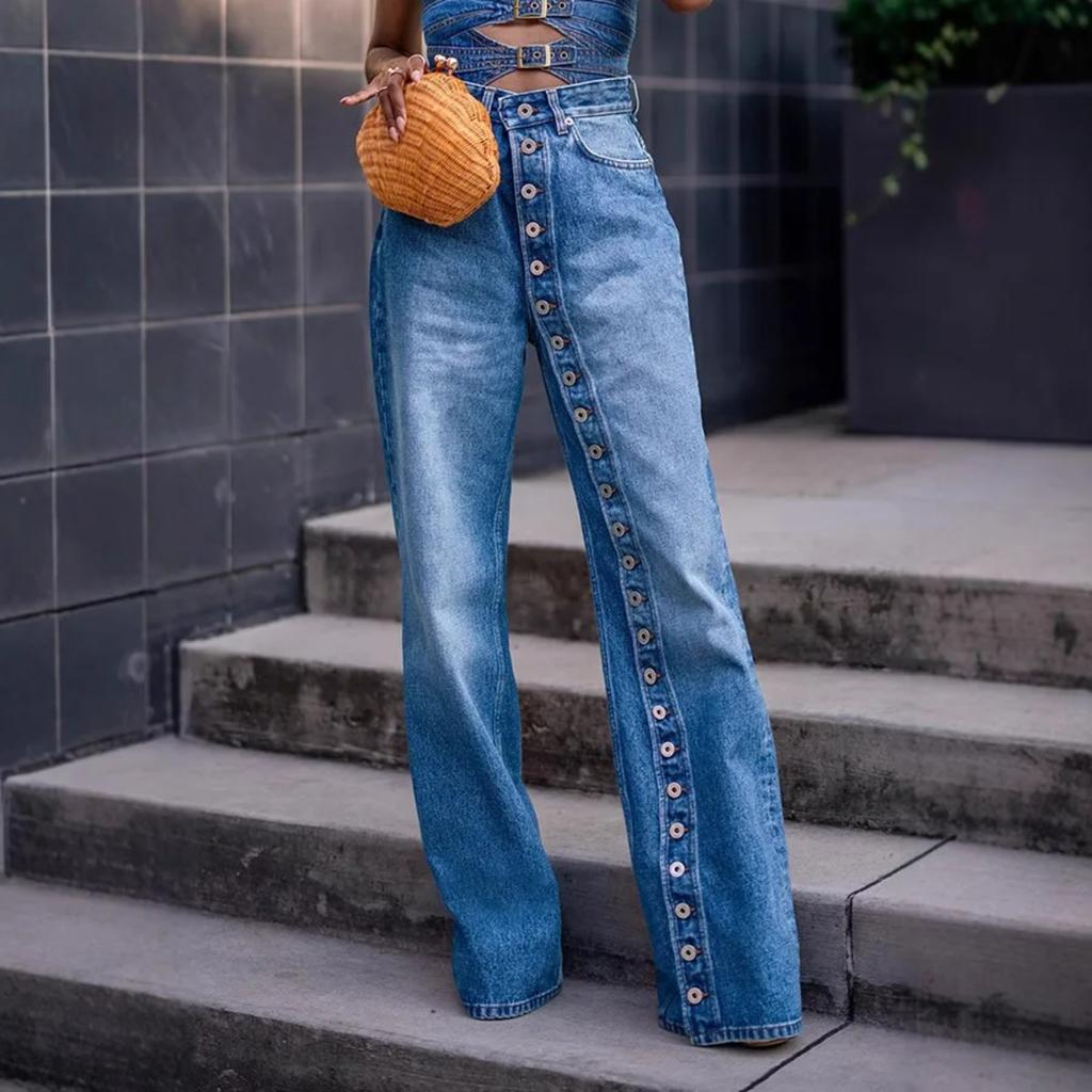 VIONA Jeans Women Wide Leg Pants Vintage Trousers High Waist Multiple Buttons Distressed Washed Female Streetwear Denims Floor Length