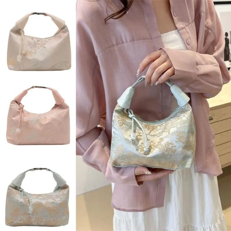 Sweet Elegant Embroidery Shoulder Bag Nylon Texture Pearl Pendant Crossbody Purse Small Bucket Handbag Women Fashion Accessory