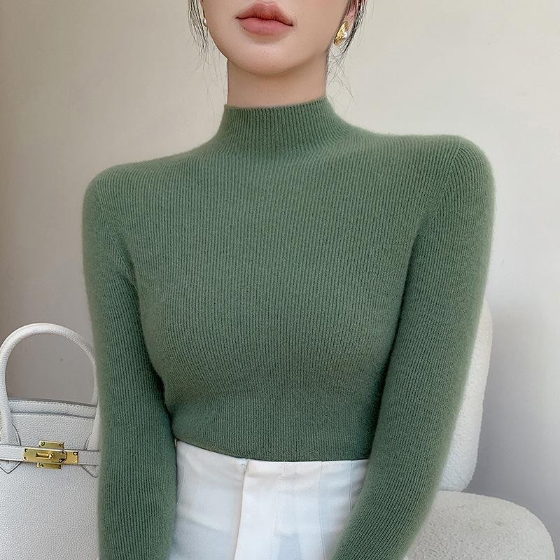 Women's Seamless Half-High Neck Knit Sweater: Versatile, Tight-Fitting Base Layer for Autumn and Winter