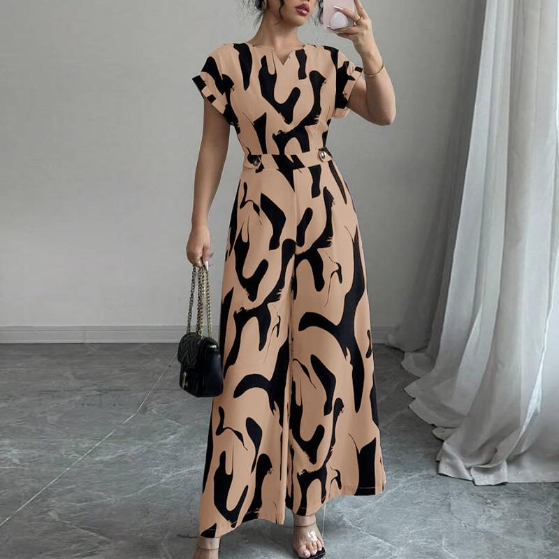 

ZANZEA Женские повседневные комбинезоны с V-образным вырезом, коротким рукавом и принтом, с широкими брюками L хаки