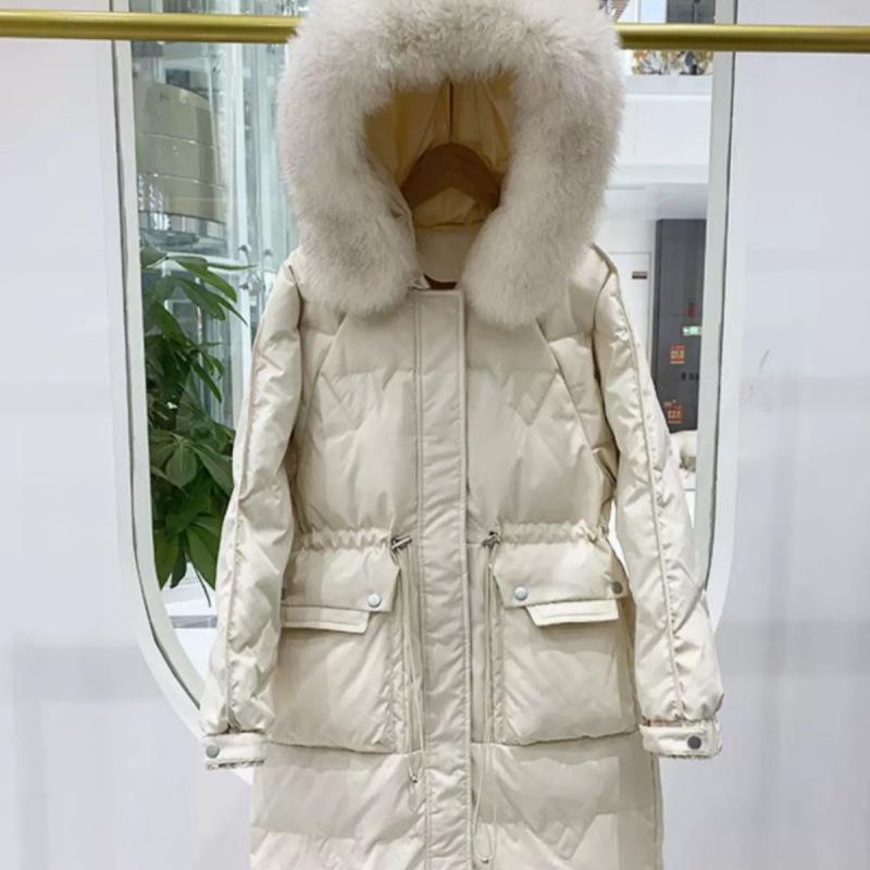 Korean Style Mid-Length Down Coat with Fur Collar and Slim Drawstring