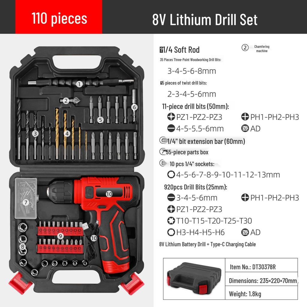 8V Rechargeable Lithium Battery Electric Hand Drill and Screwdriver Set