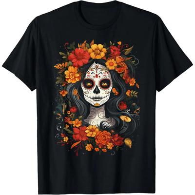 Short Sleeve T-Shirt De Los Muertos La Catrina Day of the Dead Sugar Skull Tee