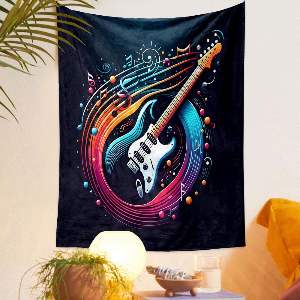Electric Guitar with Colorful Music Notes Patterned Tapestry Decorative Wall Hanging, Home Bedroom Living Room Decor