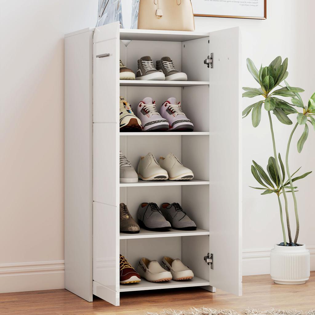 Shoe Cabinet In High Gloss, Shoe Storage with Adjustable Shelves for Hallway, Entryway, Space for 10 Pairs, White