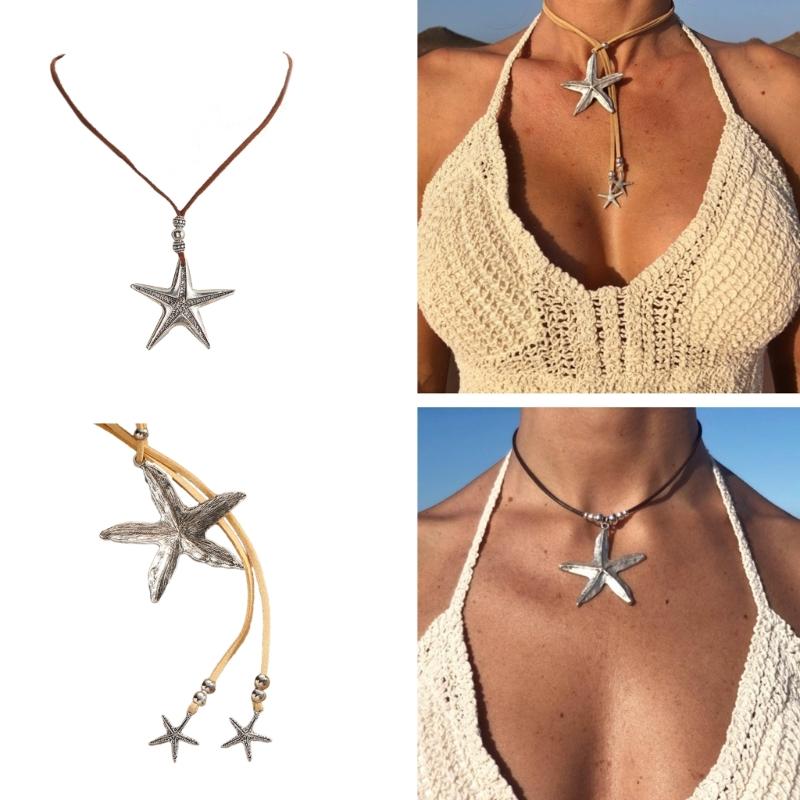 Starfish Pendant Necklace Beach Choker Jewelry Bohemian Wax Rope Chain Necklace