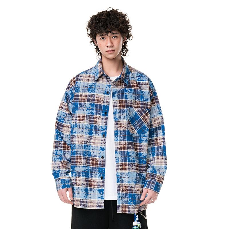 New Japanese Mid-length Shirt for Spring for Men's Fashion Trend Casual Plaid Shirt