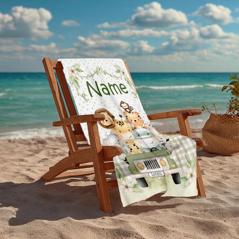 Custom Name Ultra-Soft Beach Towel with Animals Theme,Ideal for Pool - Camping, Diving - Perfect Travel Essential, Vibrant Beach Towel.