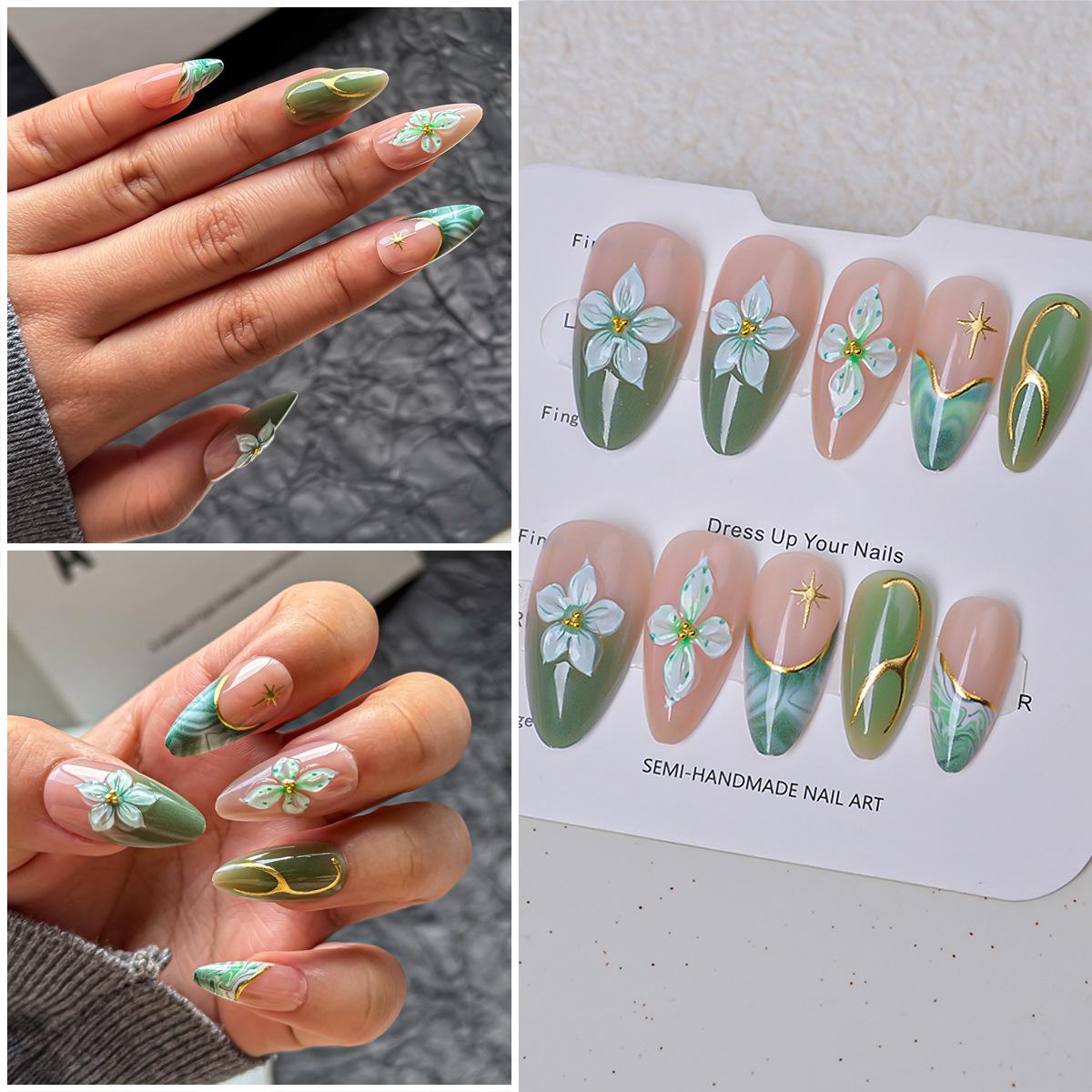 3D Carved Almond Nails with Green Camellia: Wearable, Removable False Nails for Hot Stamping Manicure