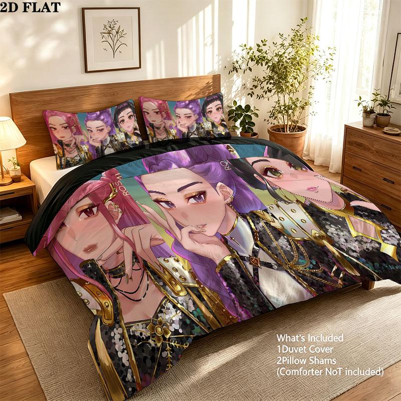 Ensemble de couette Kpop Demon Hunters Motif Housse de couette Taie d'oreiller Maison Cadeau d'anniversaire(1 housse de couette + 2 taies d'oreiller, sans garniture.)