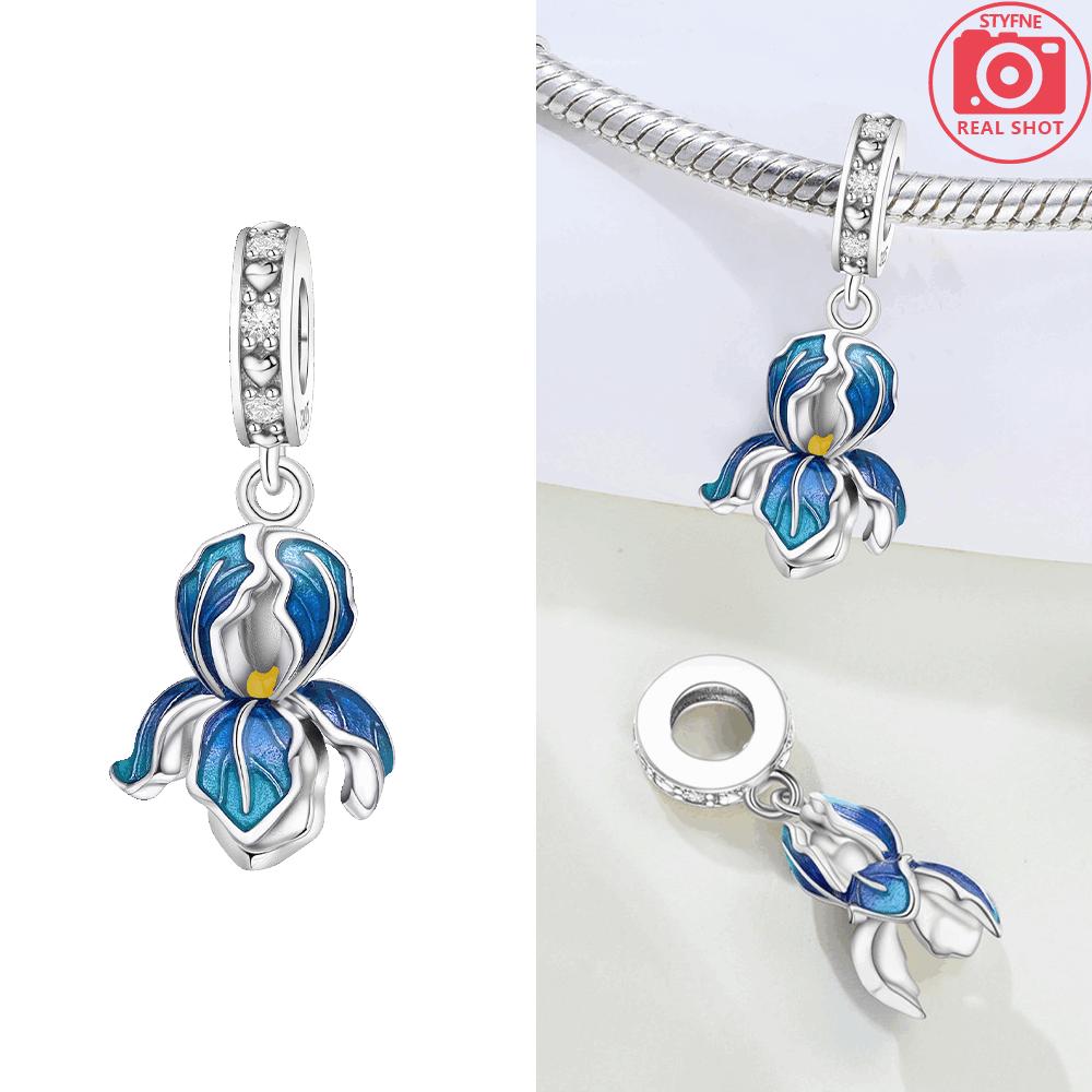 Original Charms Copper Pink Cherry Blossom And Blue Orchid Pendant Beads Fit Bracelet Women Jewelry Delicate Acessory Diy Gift