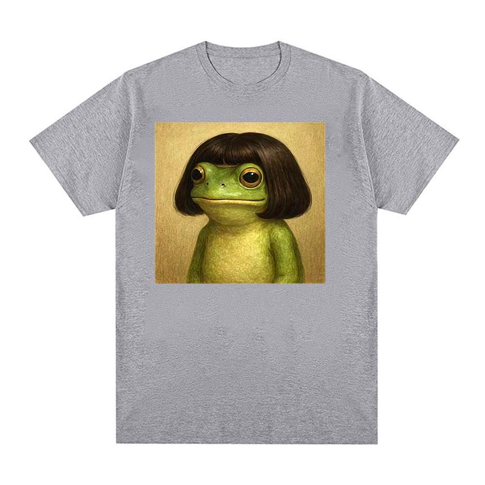 Funny Frog Face with Bob Haircut Meme T Shirt Men Women Humor Short Sleeve T-shirts Vintage Casual Oversized T-shirt