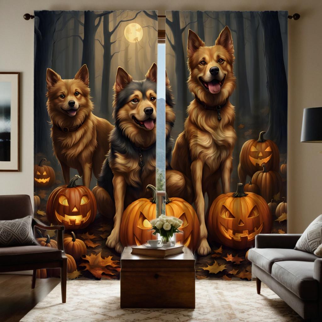 2-piece HD Moonlit Halloween jack-o '-lantern Wolf dog curtain Black tie digital printed curtain Home Decoration style Decoratio