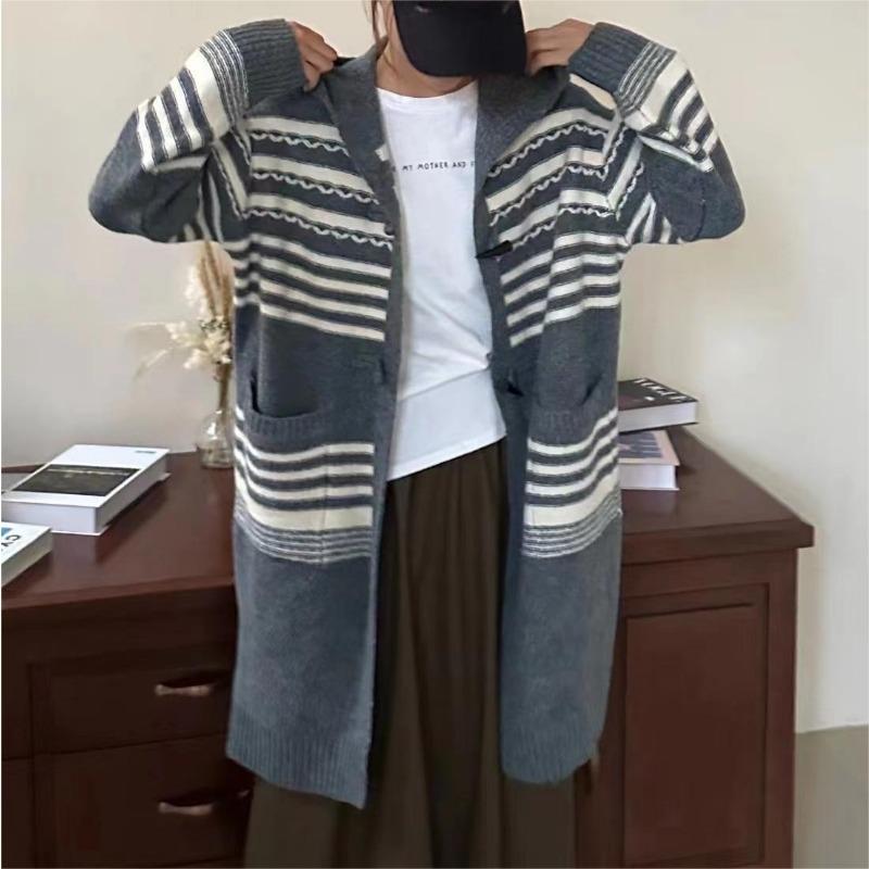 Spring and Autumn new retro loose knitted cardigan top women's striped lazy medium and long outer sweater