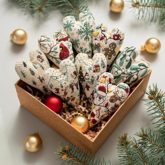DIY Heart Shaped Hand Embroidered Christmas Ornament Kit Beginner Friendly Embroidery Craft Set with Needles Thread for Adults Kids