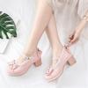 Girls' Shoes Ladies Heels Platform Cute Bow Lace Princess Mary Jane Lolita Shoes Party High Heel Buckle Women Pumps Pink 30-43