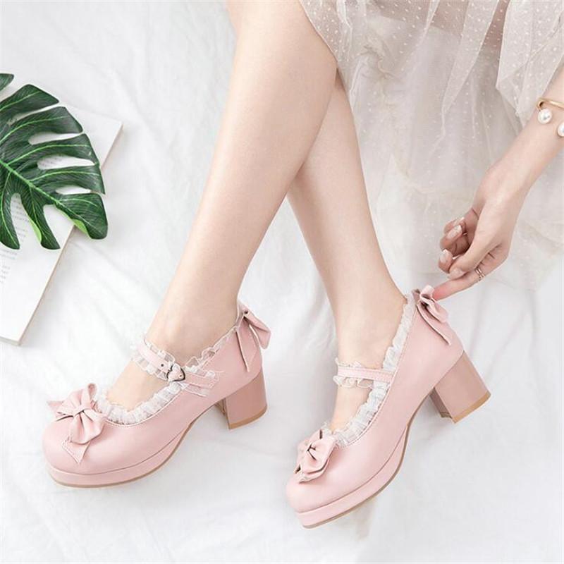 Girls' Shoes Ladies Heels Platform Cute Bow Lace Princess Mary Jane Lolita Shoes Party High Heel Buckle Women Pumps Pink 30-43