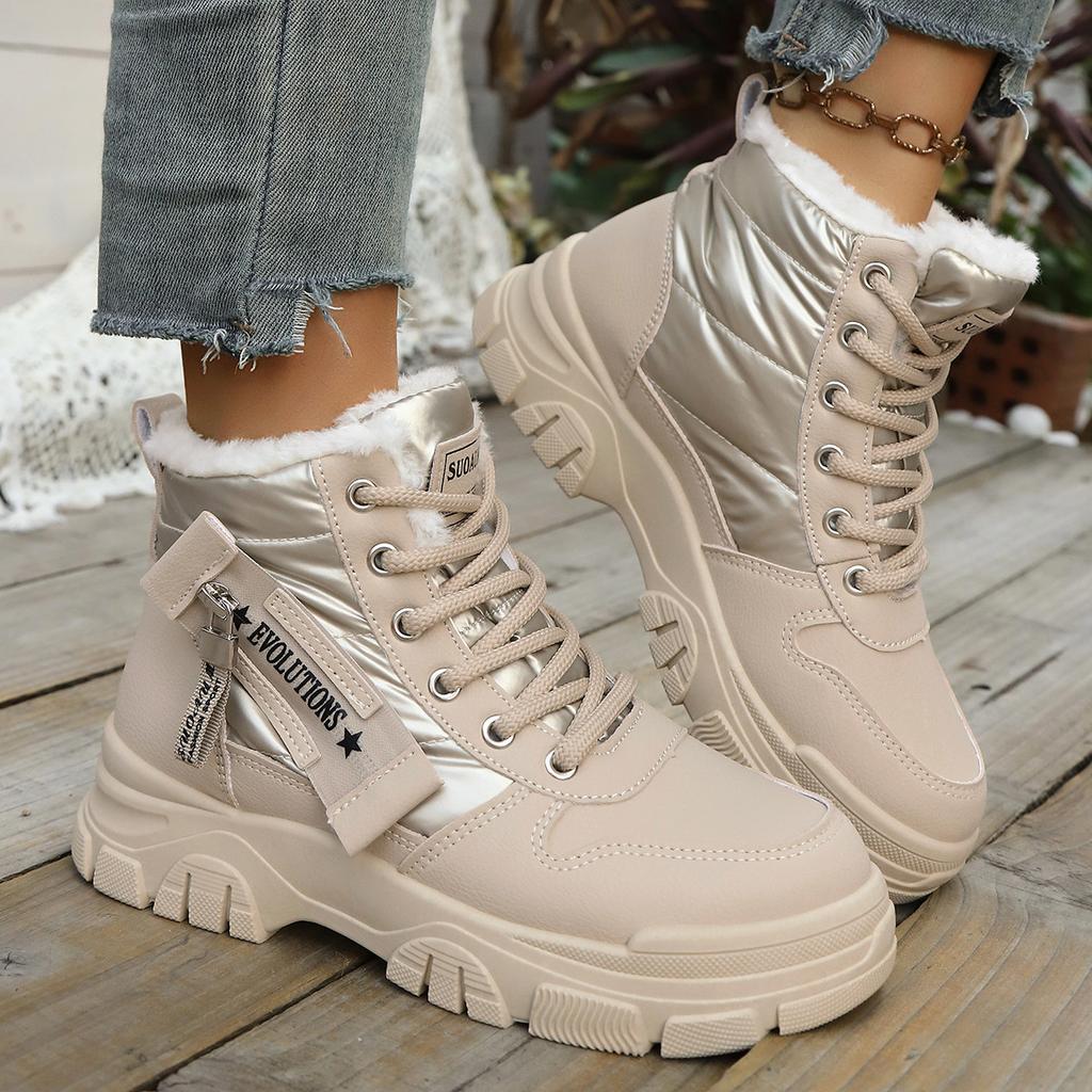 Damskie Zimowe Sneakersy z Futrem Białe Damskie Sneakersy na Platformie Ciepłe Damskie Sneakersy Gruba Podeszwa Skórzane Wysokie Top Codzienne Buty