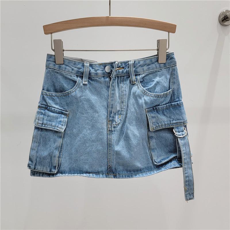 European station summer new denim skirt women's thin tooling pockets high waist anti-light A-word skirt