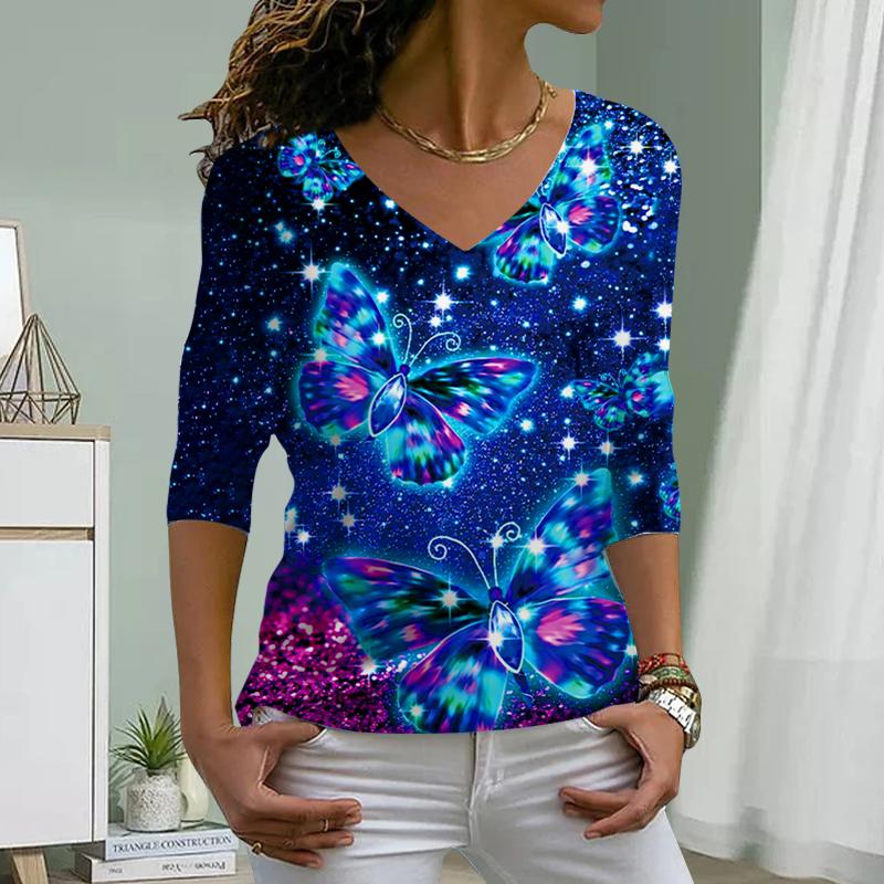 Colorful Glowing Butterfly Print Women Tshirts Ladies Tops Long Sleeve V-neck Pullover Femme T-shirts T Shirt For Women