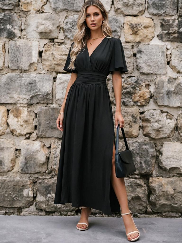 European and American Cross-border Foreign Trade New Women's Clothing Solid Color Dark V-neck, Waist Long Skirt, Split Skirt Dress Women