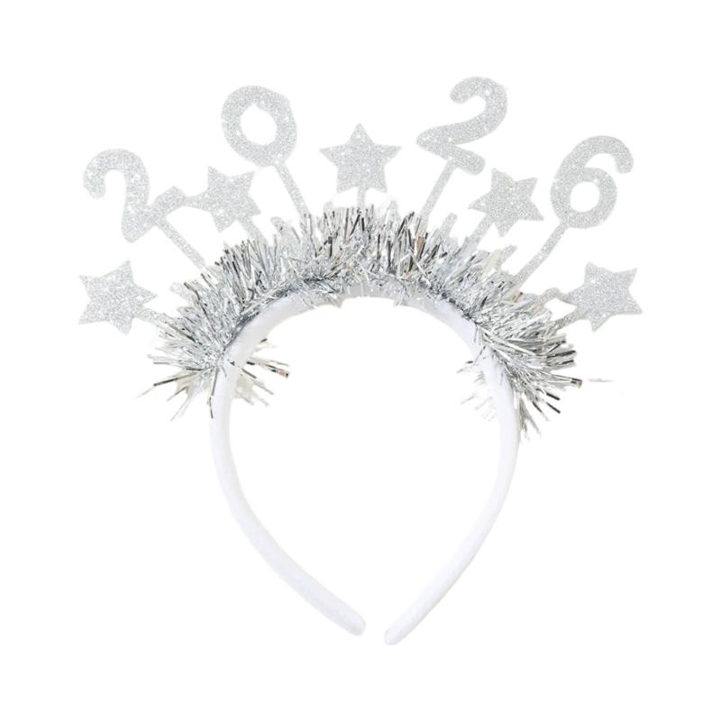 

2026 New Year Glitters Star Headbands Soft Cloth Hair Accessory Fashion Hairband For Celebrations Family Event серебряный