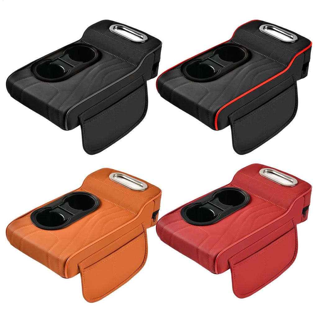 Arm Rest Cushion for Car Interior Heightening Middle Console Cover with 2 Storage Cup Holder Organizers Tissue Box Side Bag
