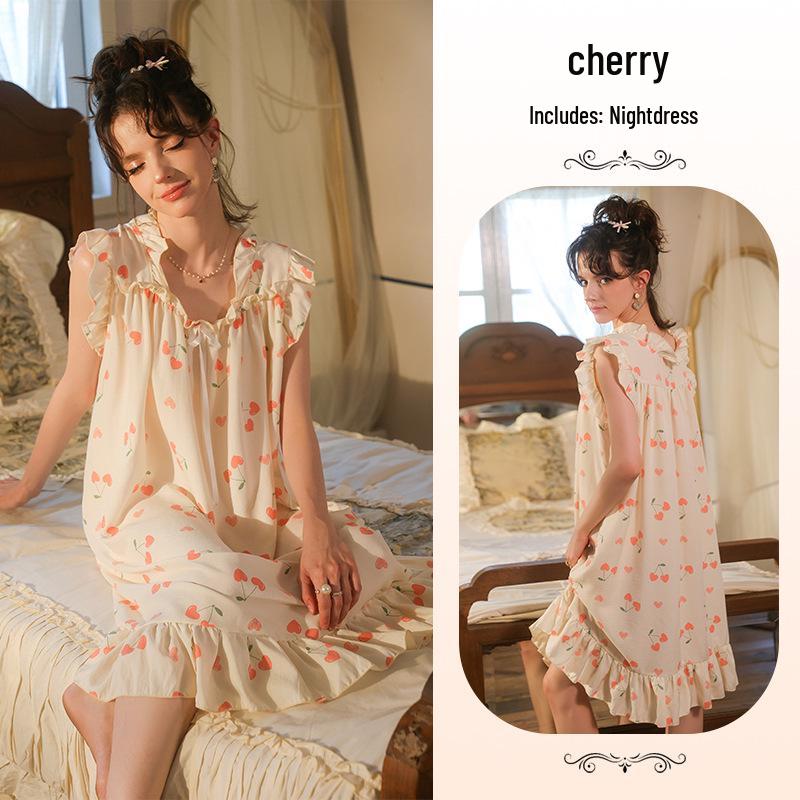French Sweet Girl Cherry Print Sleeveless Long Cotton Nightgown