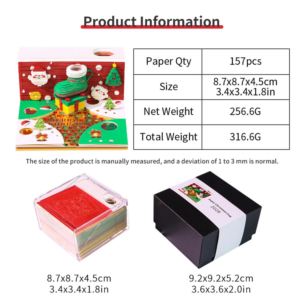 Schreibtisch-Uhr Kalender 2026 Schreibtischkalender Mit Licht 3D Abreißkalender Papier Schnitzkunst Notizblock Notizbuch Weihnachten