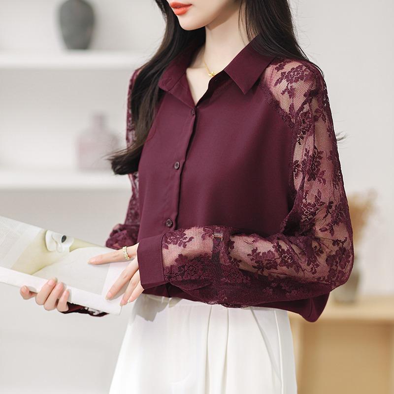 16 Color Lace Patchwork Chiffon Shirt Women Blouse Fashion Hollow Long Sleeved Top Slim OL Work Party Shirt Solid Color