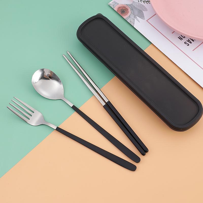 Stainless steel portable chopsticks and spoon set for students and office workers, single-person outdoor travel cutlery set with storage box