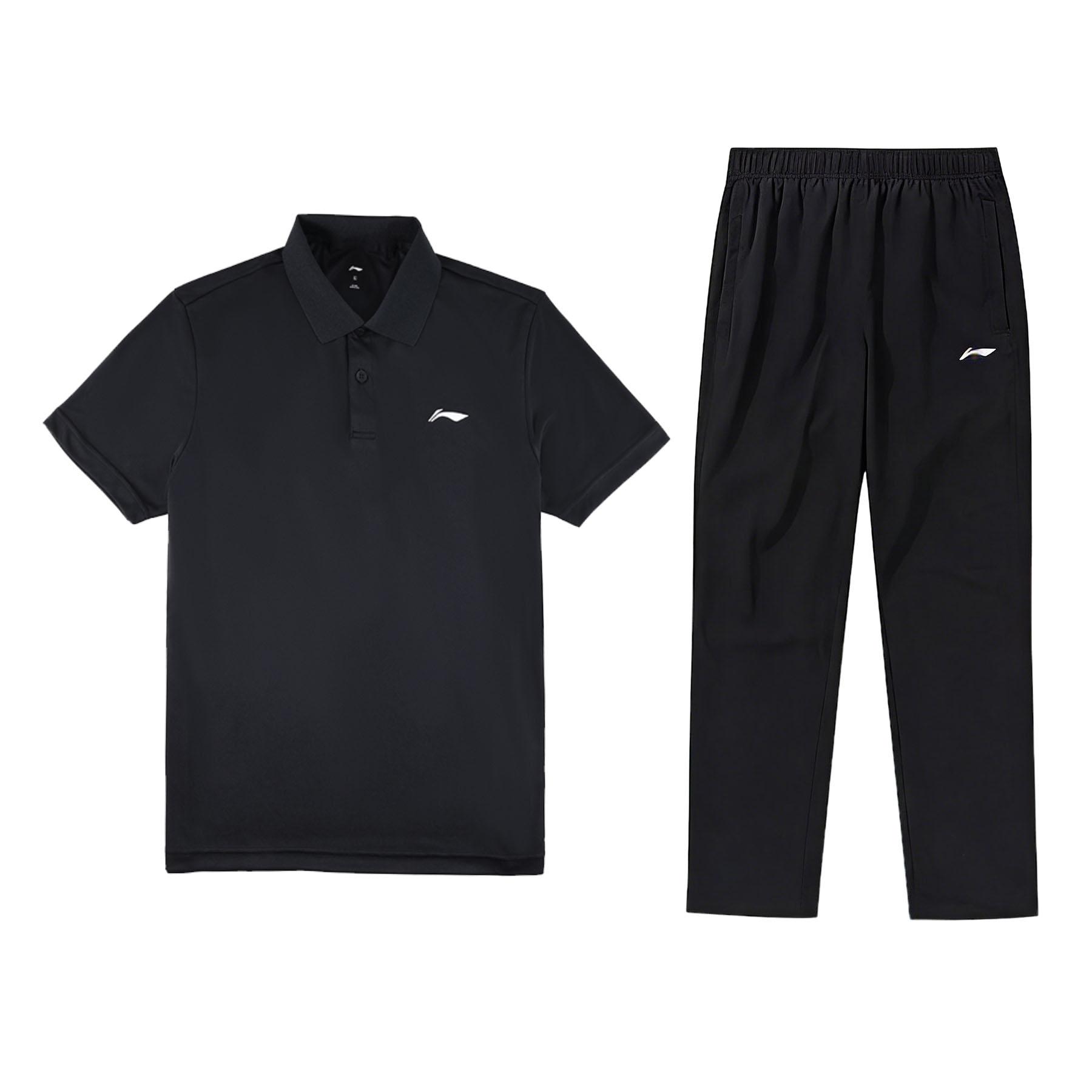 

Li-Ning Summer Polo Neck Long Pants Quick-Dry Breathable Cool Casual Sports Suit Men suits Black APLW831-1+AYKU703-1 XL