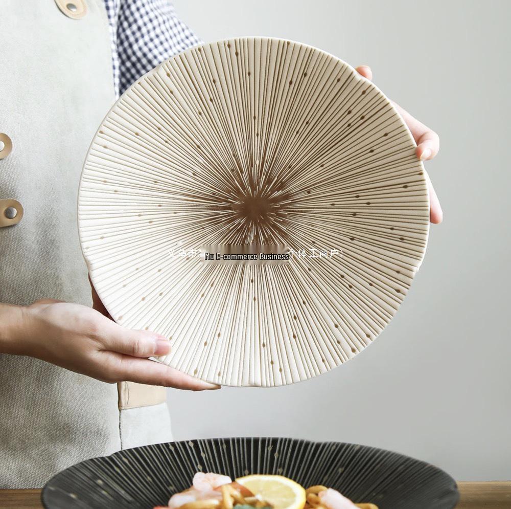 Japanese Mino Ware Underglaze Large Plate/Bowl with Thousand Stripes Design