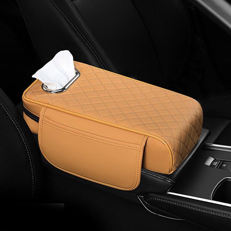 Nappa Leather Diamond-Stitched Car Armrest Cushion with Tissue Storage