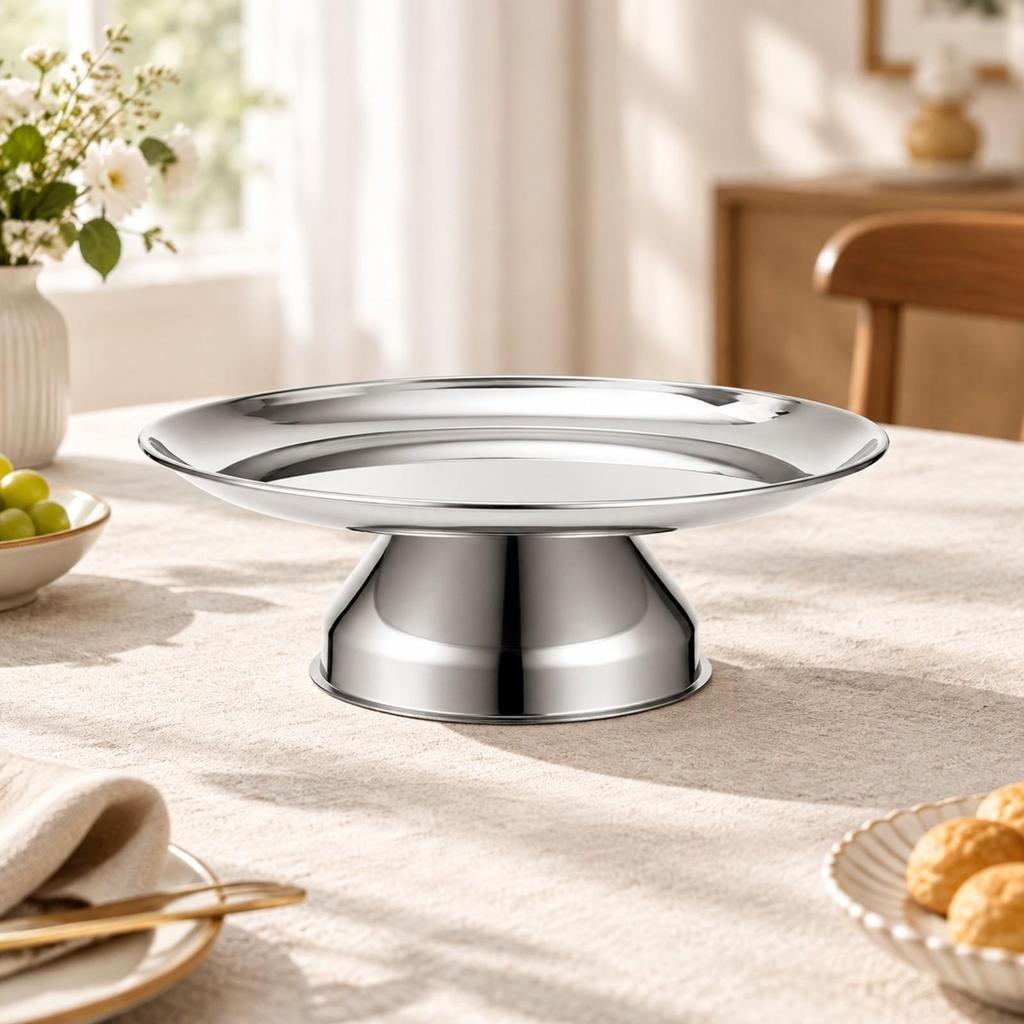 Stainless Steel Offering Tray Silver Round Shallow Plate with Pedestal Base Polished