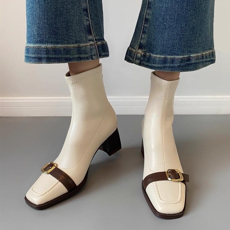 Women Ankle Boots Winter New Women Shoes Mid Heels Fashion Goth Square-toed Short Boots 2025 Chunky Snow Pu Leather Shoes Women