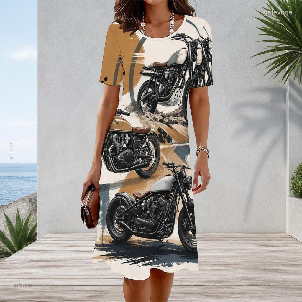 Women Plus Size Round Neck Short Sleeve Cartoon Excavator Printed A Line Dress