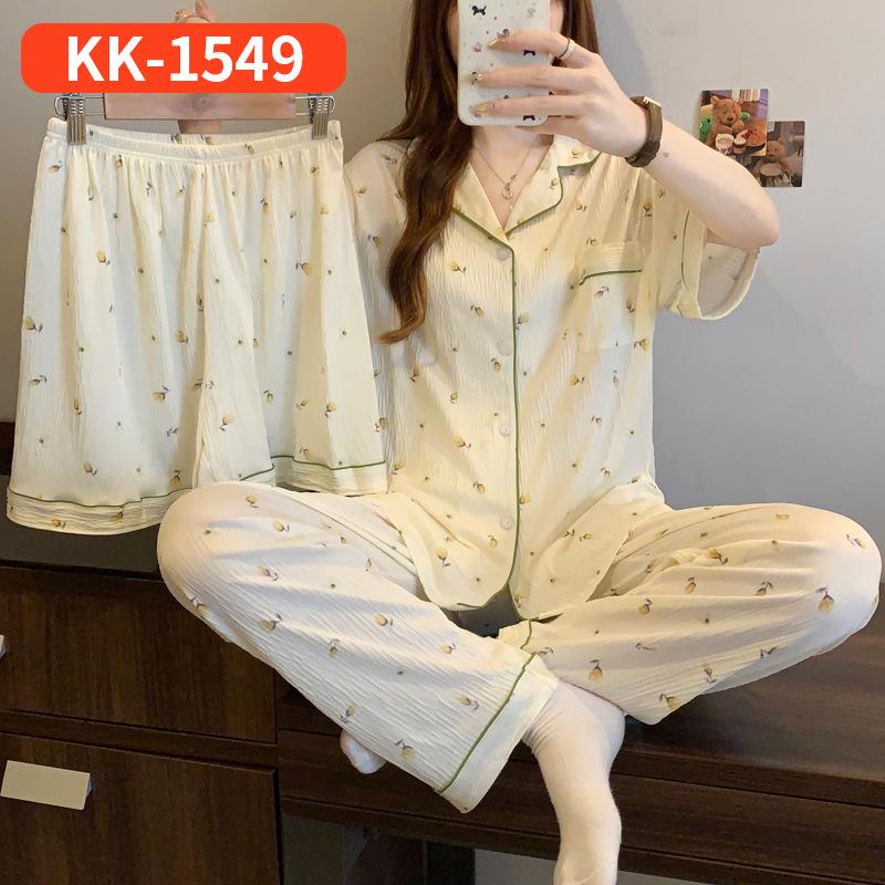 Sweet Striped Bow Print Korean Style Crinkle Pajamas Set for Women - Three-Piece, Short Sleeve Homewear.