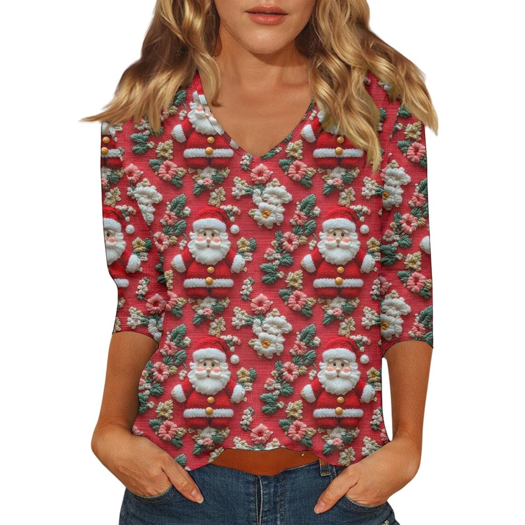 Women's Casual Fashionable Sexy Comfortable V-Neck Christmas Three-Quarter Sleeve Top