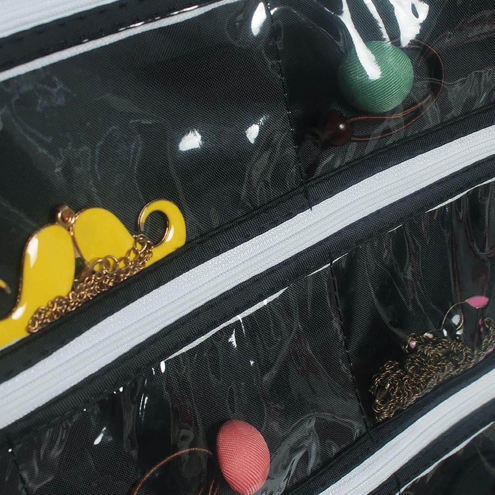 Hanging Jewelry Organizer with Zipper,Dual-Sided 56 Clear Pockets for Earrings Necklace Bracelet Ring Accessory Display (Black)