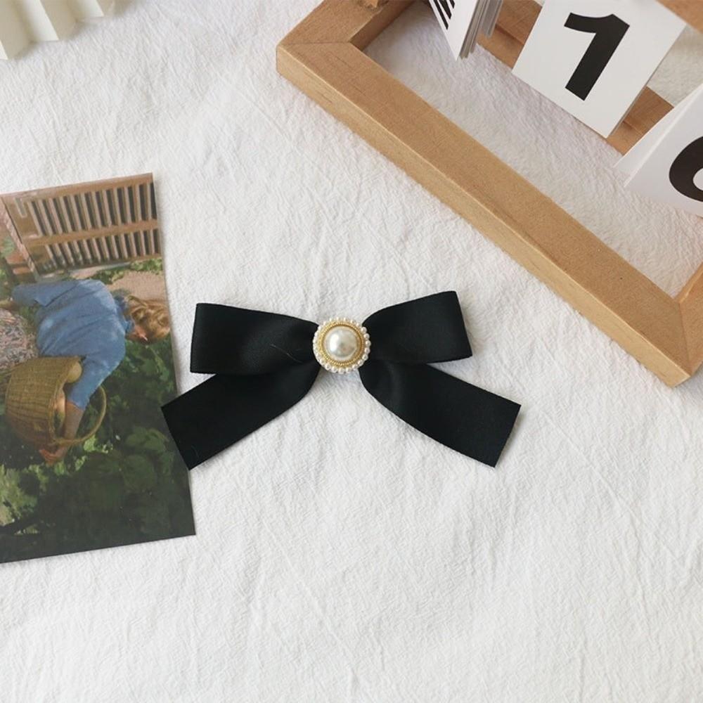 Black Satin Bowknot Brooches Pearl Badge Pin Elegant Clothes Accessories For Funerals and Mourning