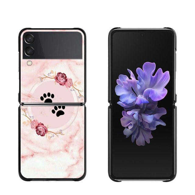 Pink Marble Flower Phone Case For Samsung Galaxy Z Flip3 5g Back Pc Case For Samsung Z Flip Capa Black Shell Hard Fundas