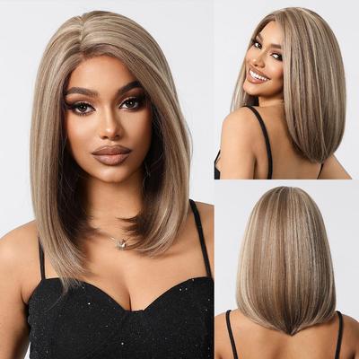 Peruca sintética curta BOB Lace Wigs marrom reta média longa Side Part Wig para mulheres festa diária alta qualidade