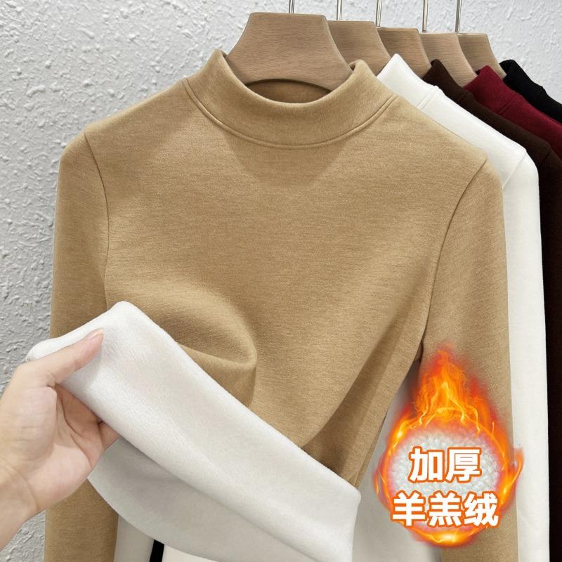 Semi-turtleneck wool bottoming shirt women's autumn and winter lamb wool with new velvet thickened warm velvet winter top