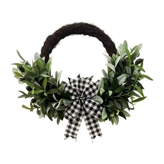 Artificial Lamb Ear Wreath Faux Greenery Leaves Rattan Wreath with Striped Bow Spring