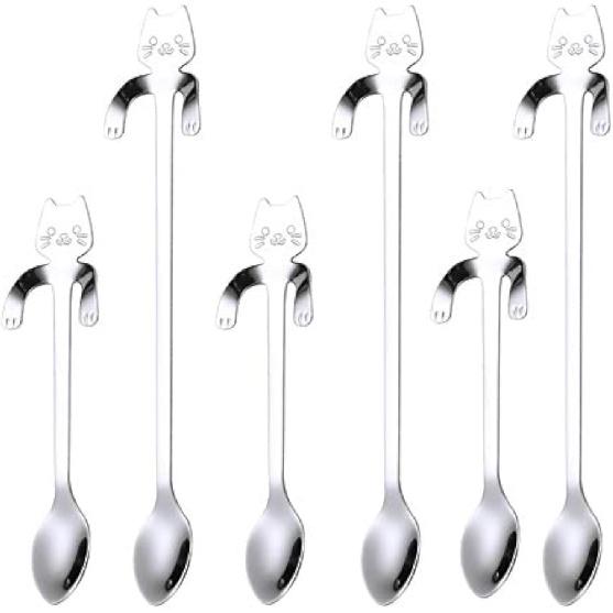 Cat Spoon Coffee Teaspoon, PBIEHSR Stainless Steel Hanging Cup Tea Spoon Two Different Lengths Dessert Scoop for Stirring Drink Mixing Milkshake Jam,