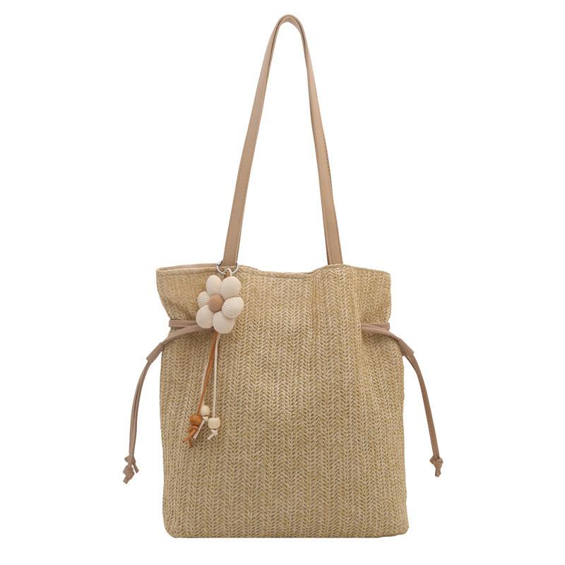 Woven Tote Bag For Women With Solid Color And Flower Pendant Design For Daily Use