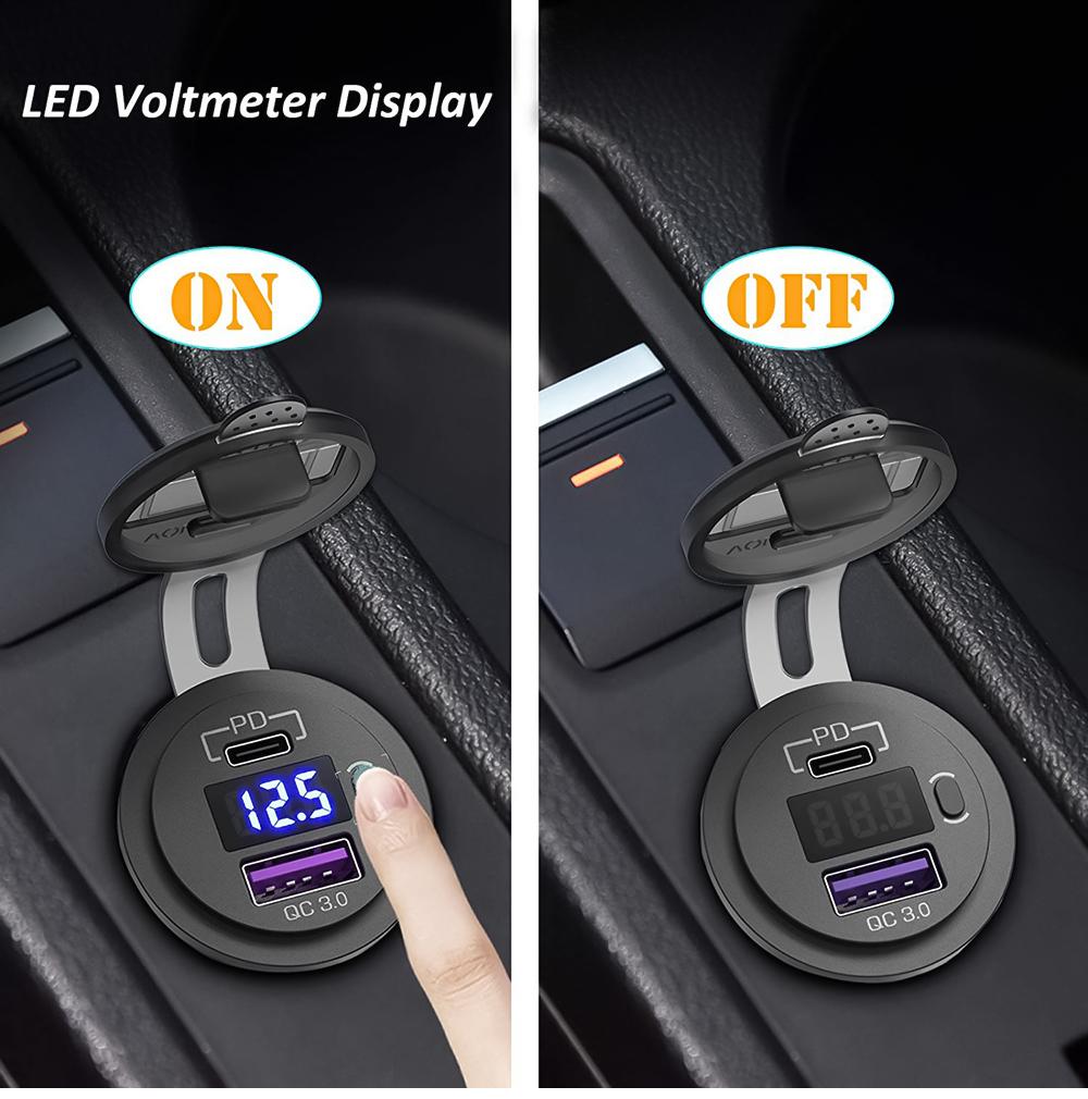 USB C Car Charger Socket 12V/24V Dual USB Socket PD3.0 and QC3.0 Car USB Port with LED Voltmeter and On/Off Switch