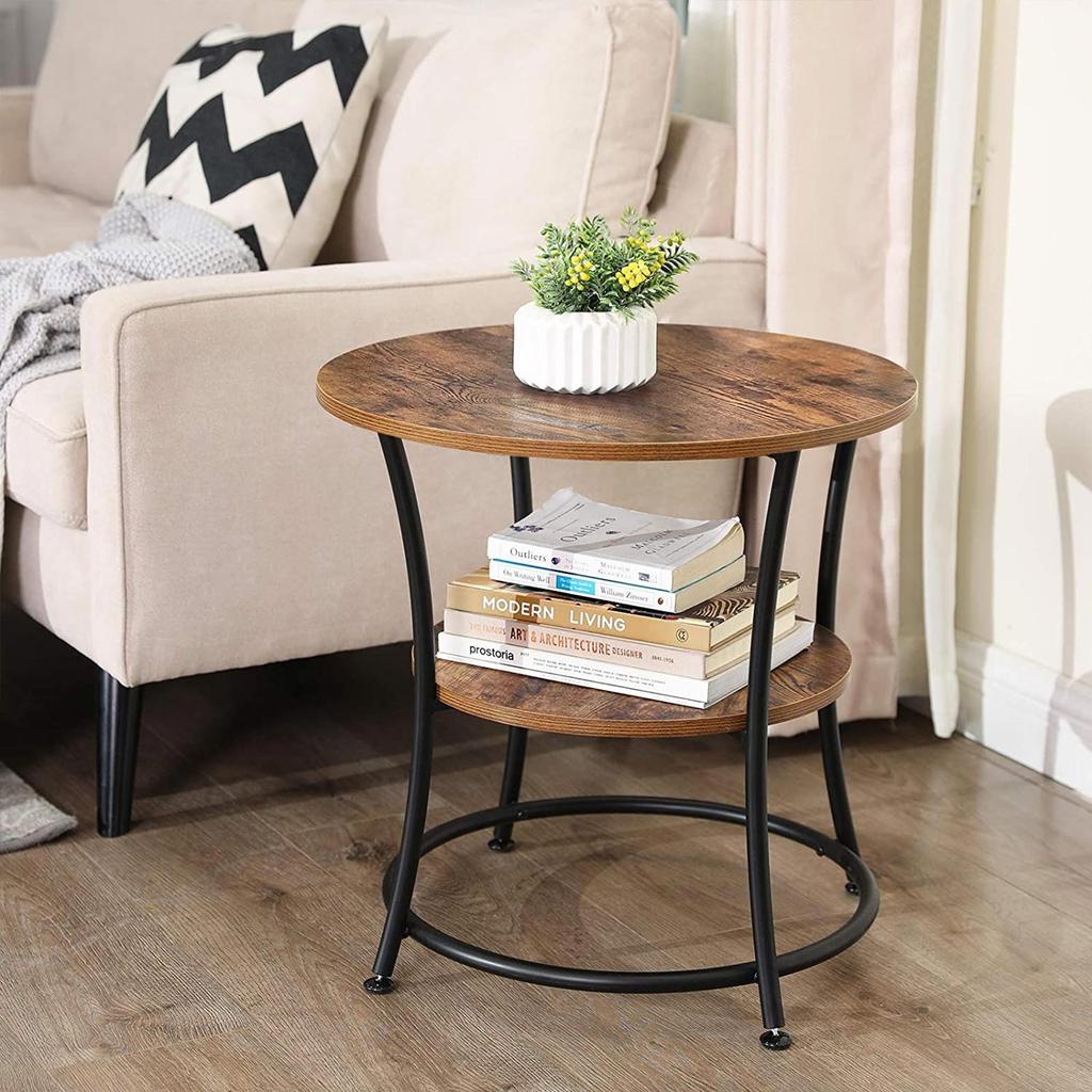 VASAGLE Side Table Round, End Table with 2 Shelves, Living Room, Bedroom, Easy Assembly, Metal, Industrial Design, Rustic Brown